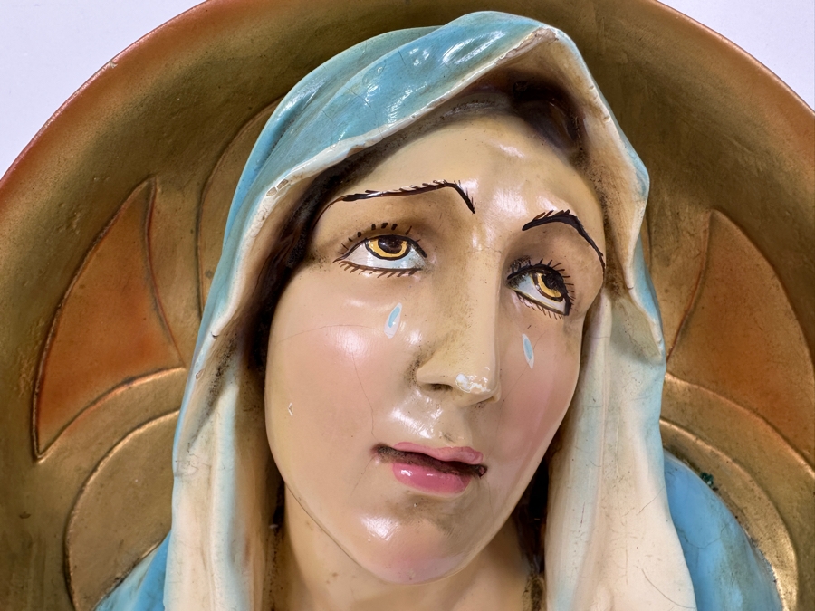 Just Added - Vintage Hand Painted Plaster Chalkware Wall Plaque Of The Madonna Virgin Mary 12W X 5D [Photo 3]