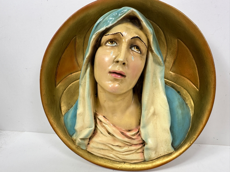 Just Added - Vintage Hand Painted Plaster Chalkware Wall Plaque Of The Madonna Virgin Mary 12W X 5D [Photo 5]