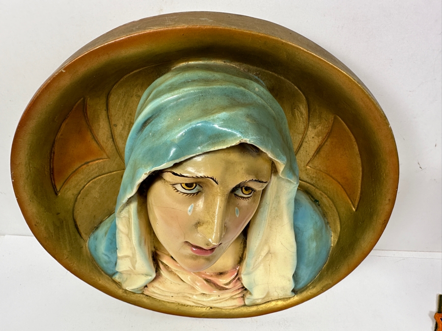Just Added - Vintage Hand Painted Plaster Chalkware Wall Plaque Of The Madonna Virgin Mary 12W X 5D [Photo 6]
