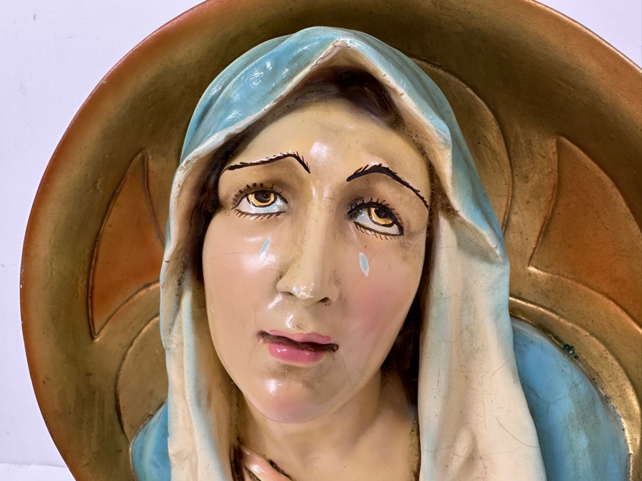 Just Added - Vintage Hand Painted Plaster Chalkware Wall Plaque Of The Madonna Virgin Mary 12W X 5D [Photo 4]