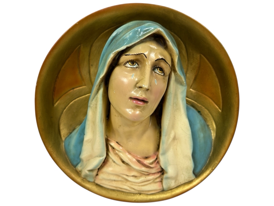 Just Added - Vintage Hand Painted Plaster Chalkware Wall Plaque Of The Madonna Virgin Mary 12W X 5D