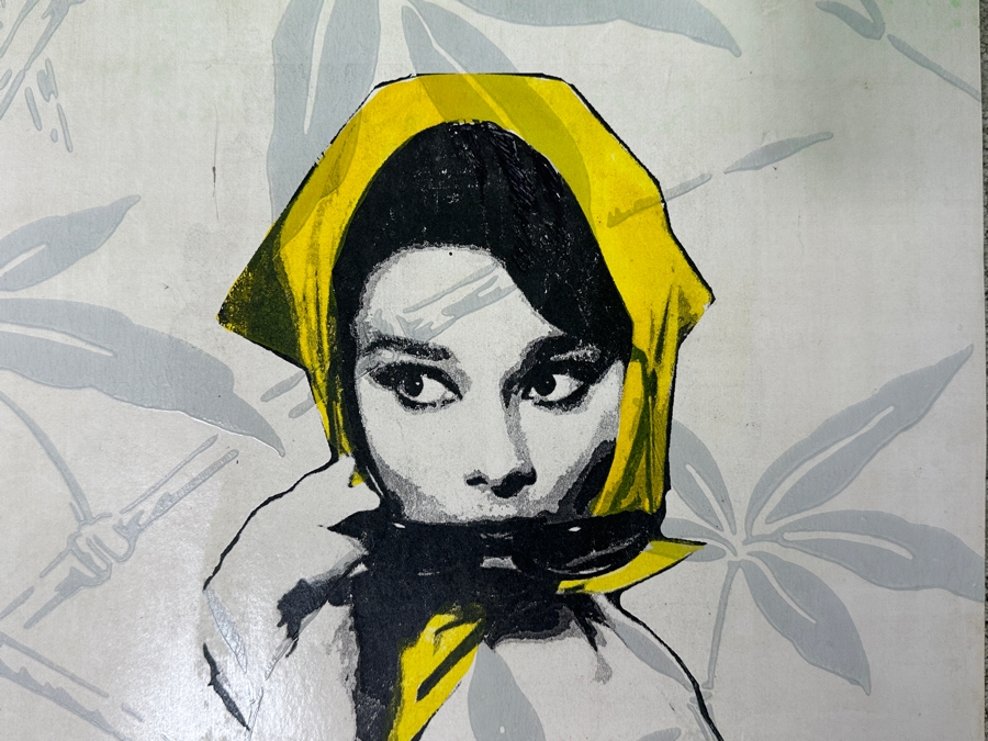 Just Added - Mixed Media Pop Art Of Actress Audrey Hepburn On Emperor’s Garden Bamboo Wallpaper Pencil Signed R. Christensen 2015 14.75 X 19 [Photo 2]