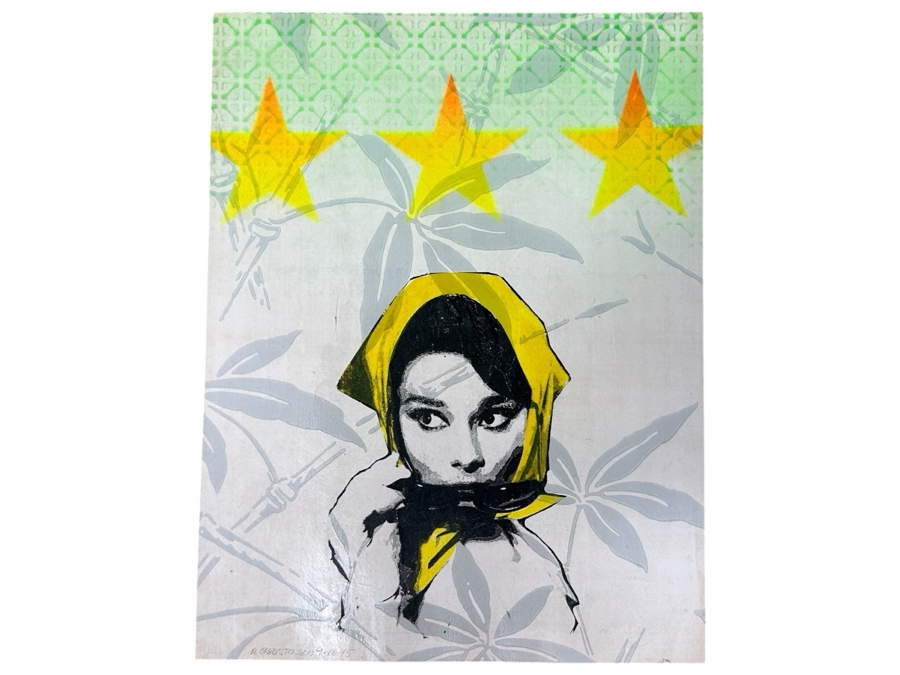 Just Added - Mixed Media Pop Art Of Actress Audrey Hepburn On Emperor’s Garden Bamboo Wallpaper Pencil Signed R. Christensen 2015 14.75 X 19