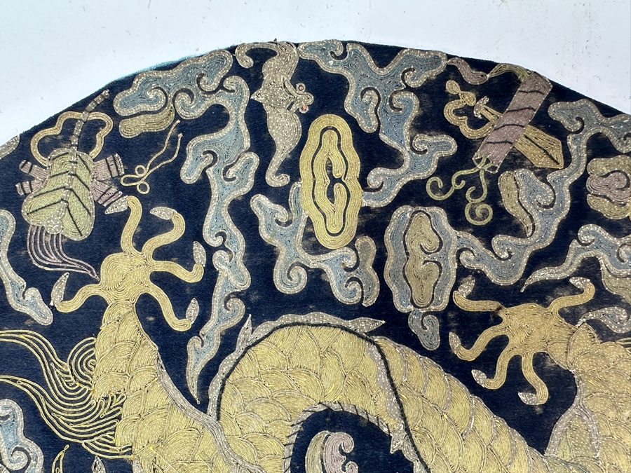 Just Added - Antique Chinese Embroidered Dragon Roundel 10.75'R [Photo 9]