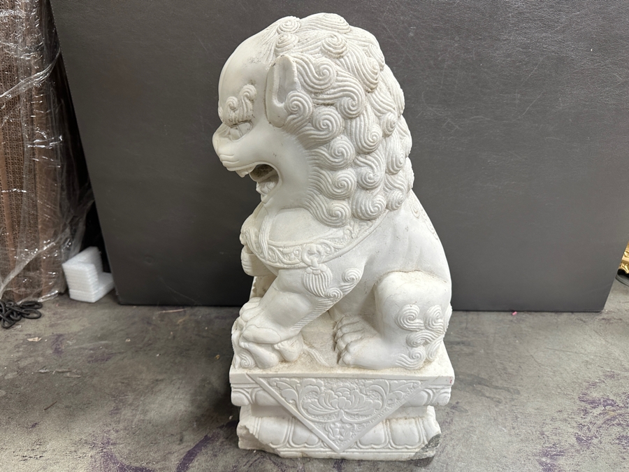 Just Added - Vintage Carved Stone Chinese Guardian Lion Statue Foo Dog With Chips On Base - See Photos - Heavy 10.5W X 8D X 20H [Photo 9]