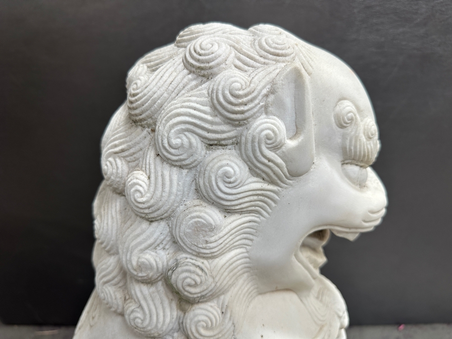 Just Added - Vintage Carved Stone Chinese Guardian Lion Statue Foo Dog With Chips On Base - See Photos - Heavy 10.5W X 8D X 20H [Photo 5]