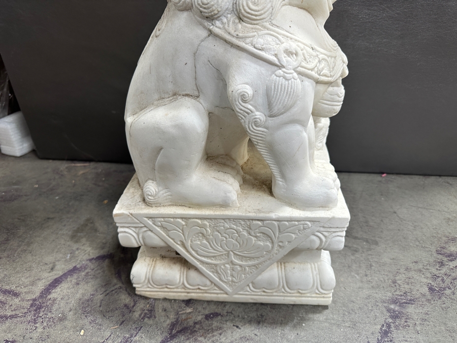 Just Added - Vintage Carved Stone Chinese Guardian Lion Statue Foo Dog With Chips On Base - See Photos - Heavy 10.5W X 8D X 20H [Photo 6]