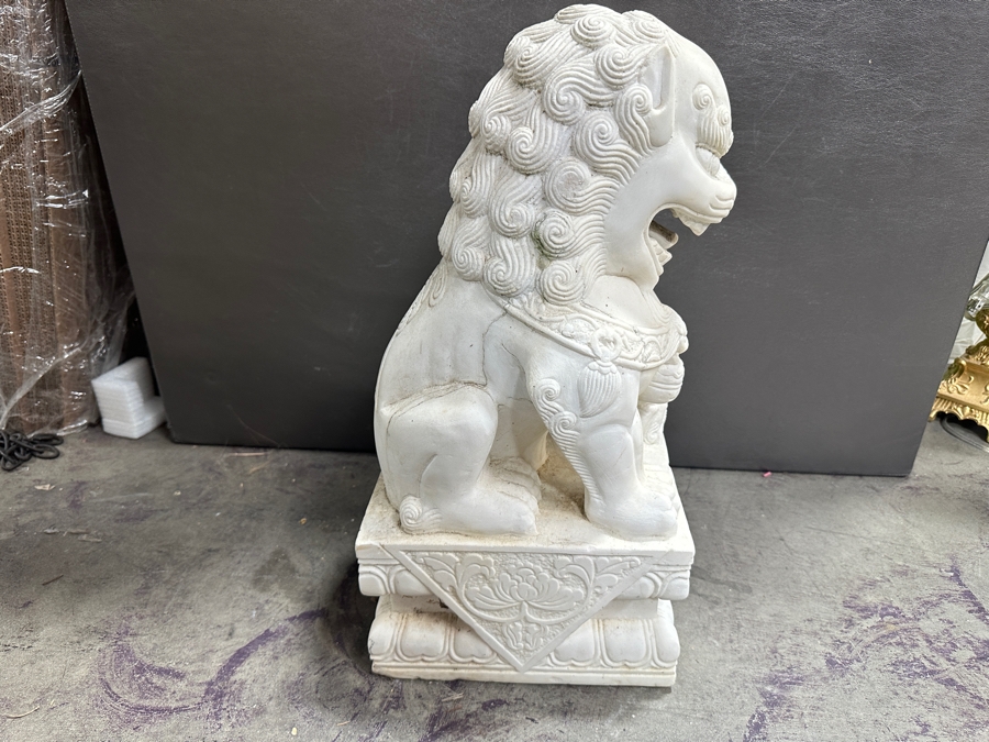 Just Added - Vintage Carved Stone Chinese Guardian Lion Statue Foo Dog With Chips On Base - See Photos - Heavy 10.5W X 8D X 20H [Photo 4]