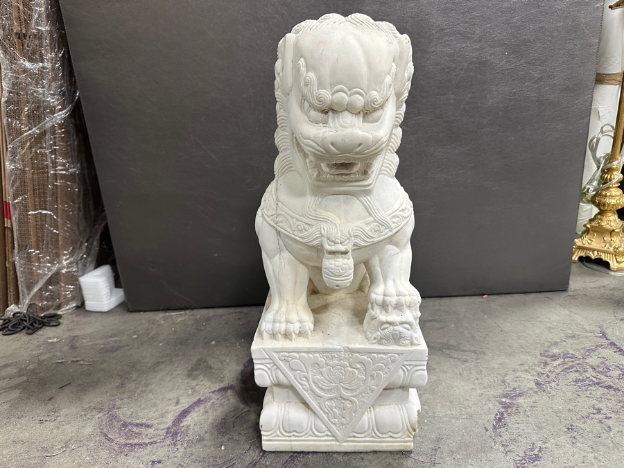 Just Added - Vintage Carved Stone Chinese Guardian Lion Statue Foo Dog With Chips On Base - See Photos - Heavy 10.5W X 8D X 20H [Photo 2]