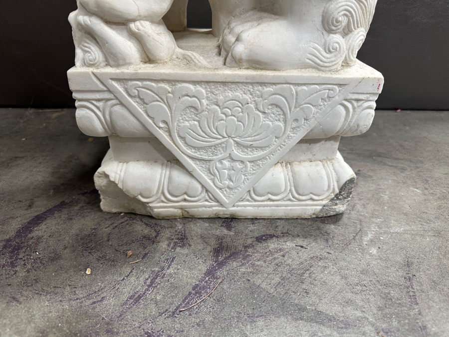 Just Added - Vintage Carved Stone Chinese Guardian Lion Statue Foo Dog With Chips On Base - See Photos - Heavy 10.5W X 8D X 20H [Photo 11]