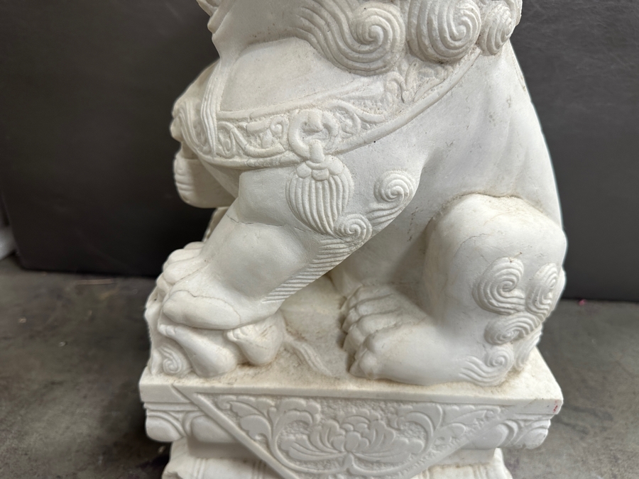 Just Added - Vintage Carved Stone Chinese Guardian Lion Statue Foo Dog With Chips On Base - See Photos - Heavy 10.5W X 8D X 20H [Photo 10]
