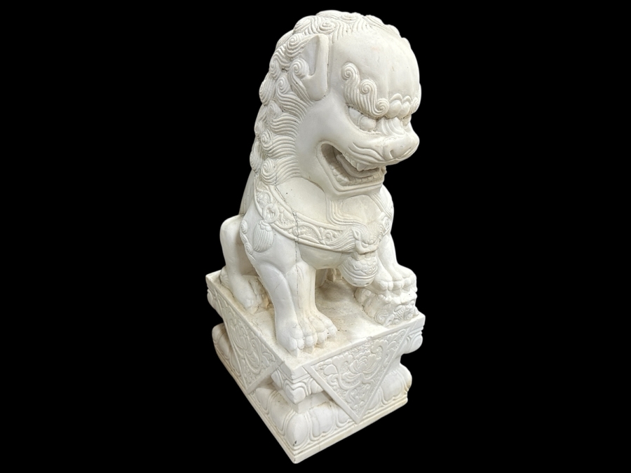 Just Added - Vintage Carved Stone Chinese Guardian Lion Statue Foo Dog With Chips On Base - See Photos - Heavy 10.5W X 8D X 20H