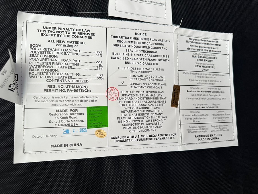 Restoration Hardware Sectional Sofa 120” X 118” X 39”D [Photo 15]