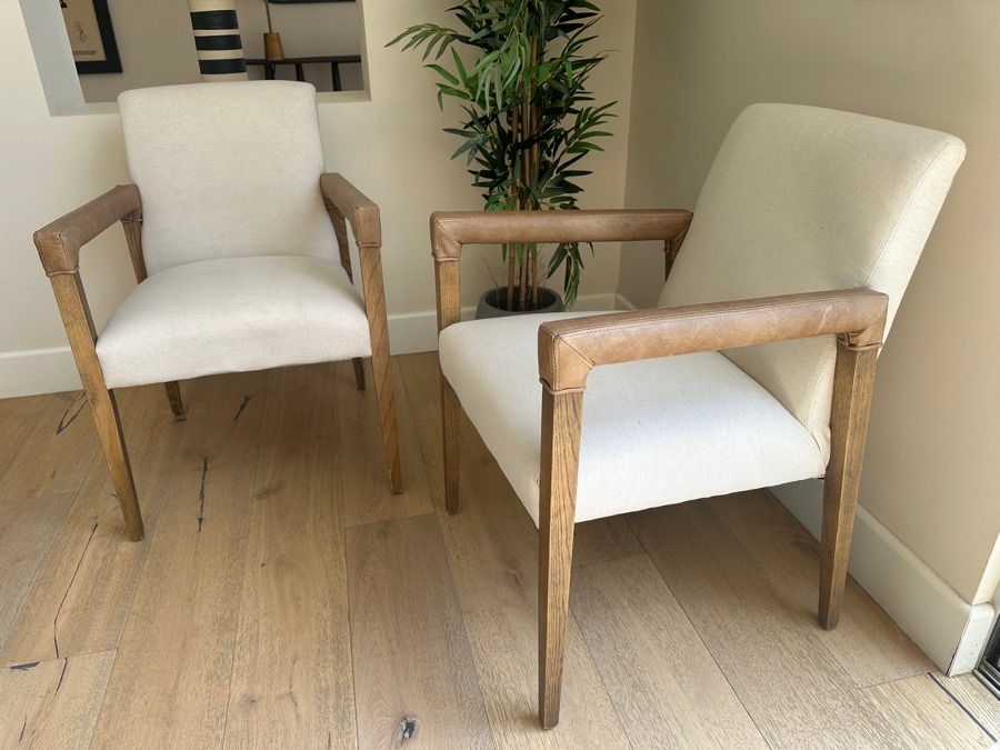 Pair of Four Hands Reuben Dining Chairs Nettlewood Frame and Upholstered Seat with Leather Wrapped Arms 23W X 24D X 34H [Photo 5]