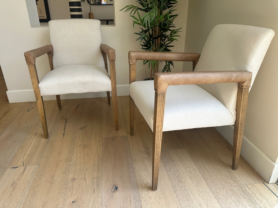 Pair of Four Hands Reuben Dining Chairs Nettlewood Frame and Upholstered Seat with Leather Wrapped Arms 23W X 24D X 34H [Photo 4]