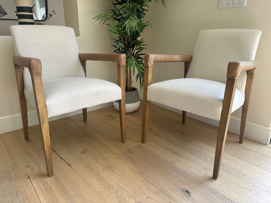 Pair of Four Hands Reuben Dining Chairs Nettlewood Frame and Upholstered Seat with Leather Wrapped Arms 23W X 24D X 34H [Photo 2]