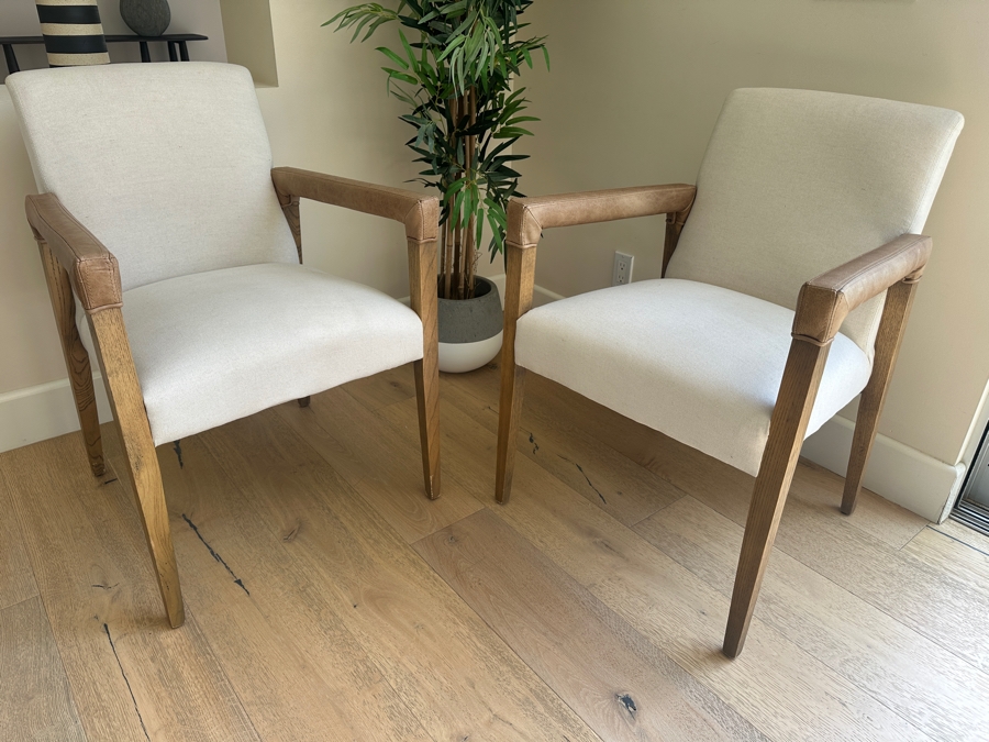 Pair of Four Hands Reuben Dining Chairs Nettlewood Frame and Upholstered Seat with Leather Wrapped Arms 23W X 24D X 34H [Photo 3]