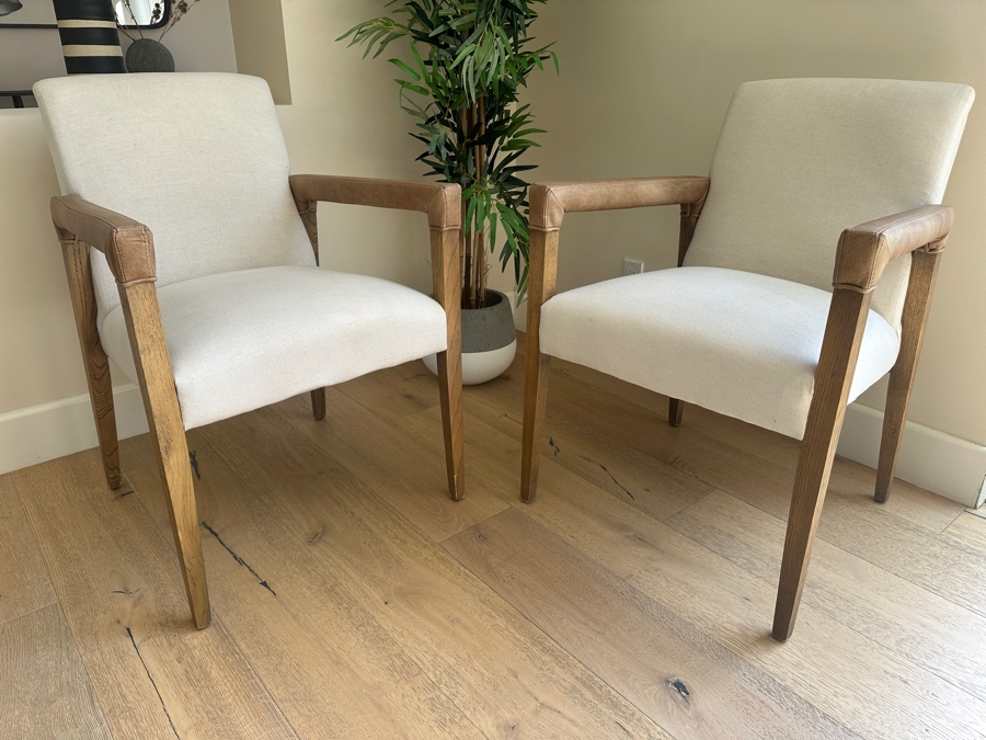 Pair of Four Hands Reuben Dining Chairs Nettlewood Frame and Upholstered Seat with Leather Wrapped Arms 23W X 24D X 34H