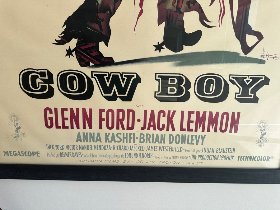 LARGE French Film Poster For 'Cowboy' (COLUMBIA, 1958) Stone lithograph Glenn Ford & Jack Lemmon 63' x 47' Sight Framed and Glazed Poster Purchased at Valley Fine Art, Aspen for $1,200 Framed Size: 52' x 68' [Photo 11]