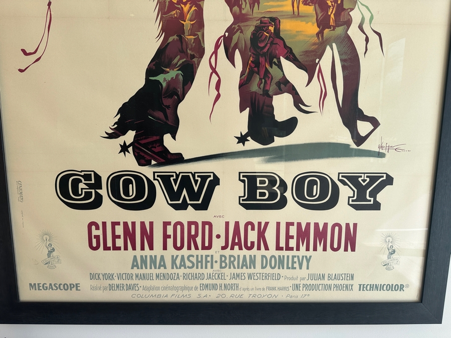 LARGE French Film Poster For 'Cowboy' (COLUMBIA, 1958) Stone lithograph Glenn Ford & Jack Lemmon 63' x 47' Sight Framed and Glazed Poster Purchased at Valley Fine Art, Aspen for $1,200 Framed Size: 52' x 68' [Photo 6]