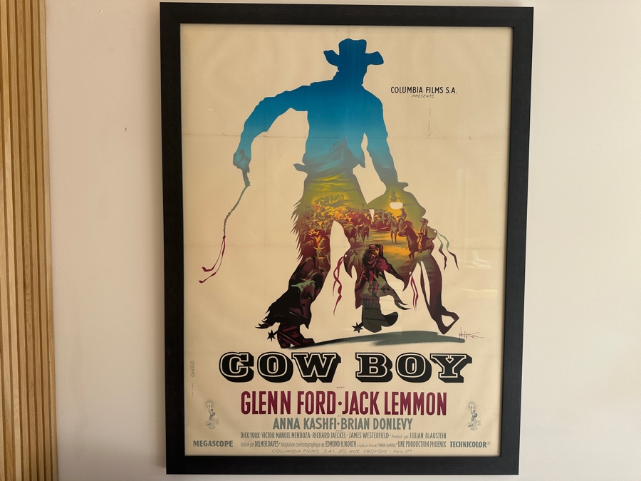 LARGE French Film Poster For 'Cowboy' (COLUMBIA, 1958) Stone lithograph Glenn Ford & Jack Lemmon 63' x 47' Sight Framed and Glazed Poster Purchased at Valley Fine Art, Aspen for $1,200 Framed Size: 52' x 68'