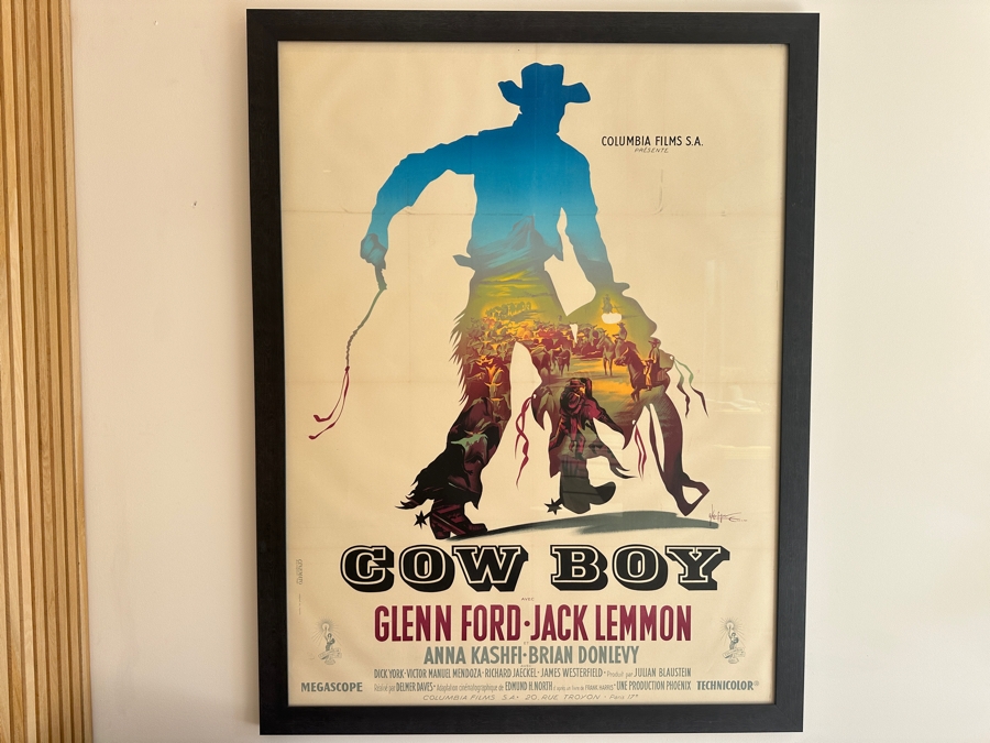 LARGE French Film Poster For 'Cowboy' (COLUMBIA, 1958) Stone lithograph Glenn Ford & Jack Lemmon 63' x 47' Sight Framed and Glazed Poster Purchased at Valley Fine Art, Aspen for $1,200 Framed Size: 52' x 68' [Photo 4]