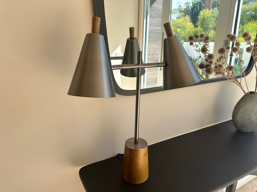 Crate & Barrel CB2 Paul McCobb Exposior Table Lamp with Wood Base and Two Nickel Shades 20'W x 24'H [Photo 2]