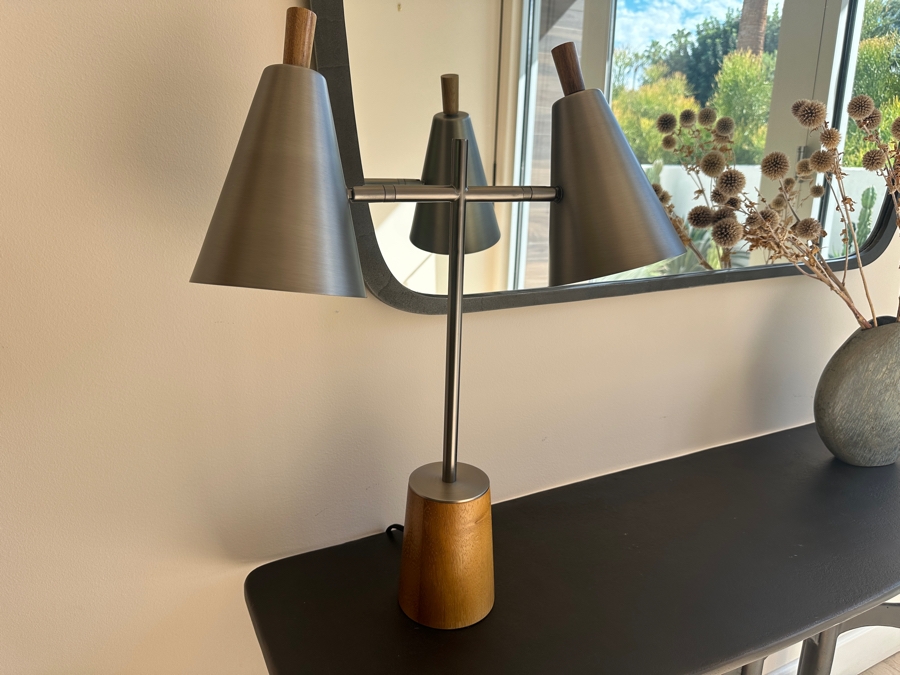 Crate & Barrel CB2 Paul McCobb Exposior Table Lamp with Wood Base and Two Nickel Shades 20'W x 24'H