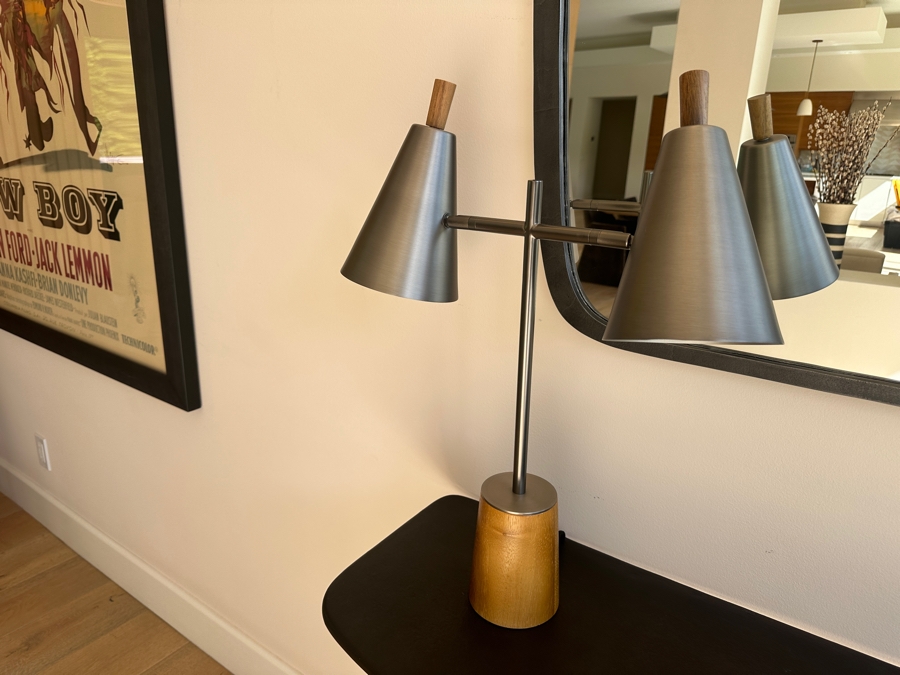 Crate & Barrel CB2 Paul McCobb Exposior Table Lamp with Wood Base and Two Nickel Shades 20'W x 24'H [Photo 6]