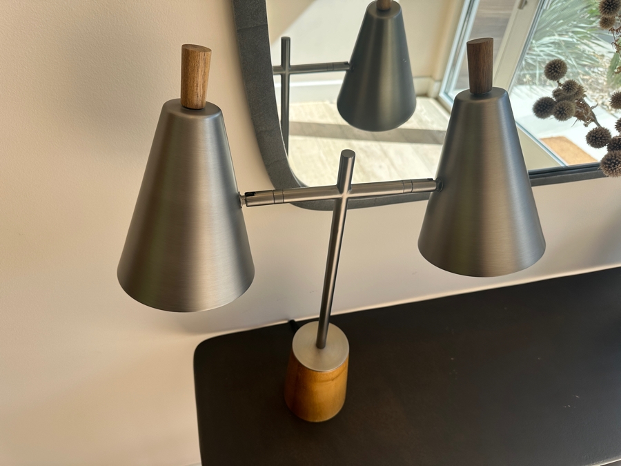 Crate & Barrel CB2 Paul McCobb Exposior Table Lamp with Wood Base and Two Nickel Shades 20'W x 24'H [Photo 4]