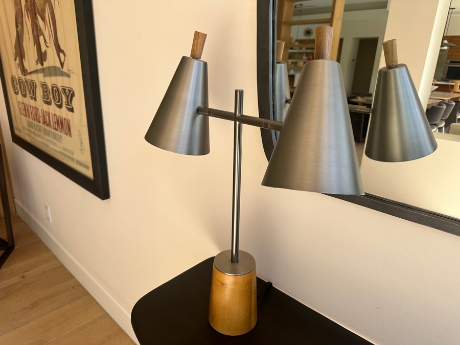 Crate & Barrel CB2 Paul McCobb Exposior Table Lamp with Wood Base and Two Nickel Shades 20'W x 24'H [Photo 5]