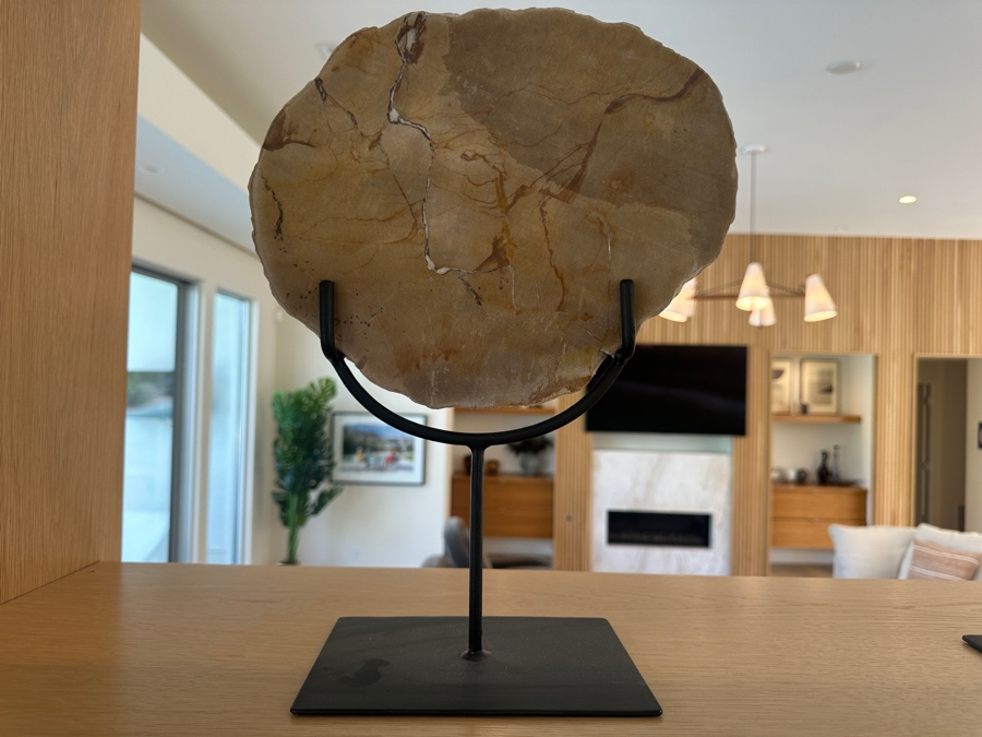 West Elm Petrified Wood Sculpture on Wrought Iron Stand 10.5'W x 13'H