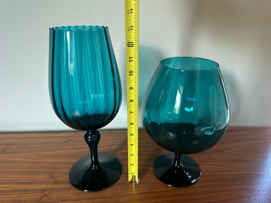 Vintage MCM Teal Blue Art Glass Empoli Italy Brandy Snifters 10.5H & 13H [Photo 5]