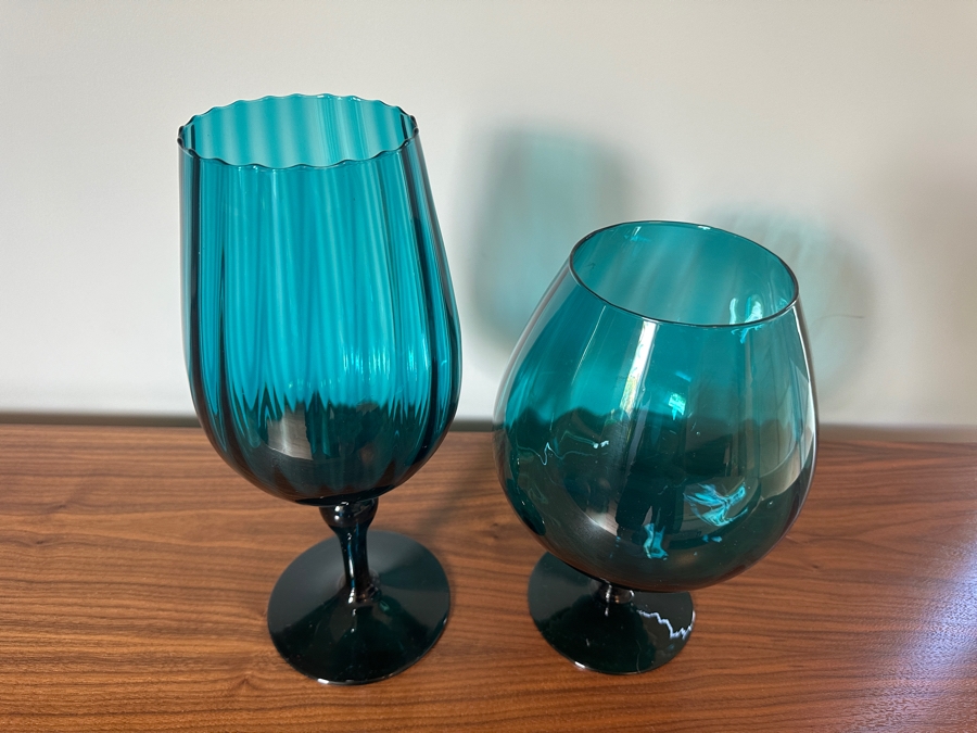 Vintage MCM Teal Blue Art Glass Empoli Italy Brandy Snifters 10.5H & 13H [Photo 2]
