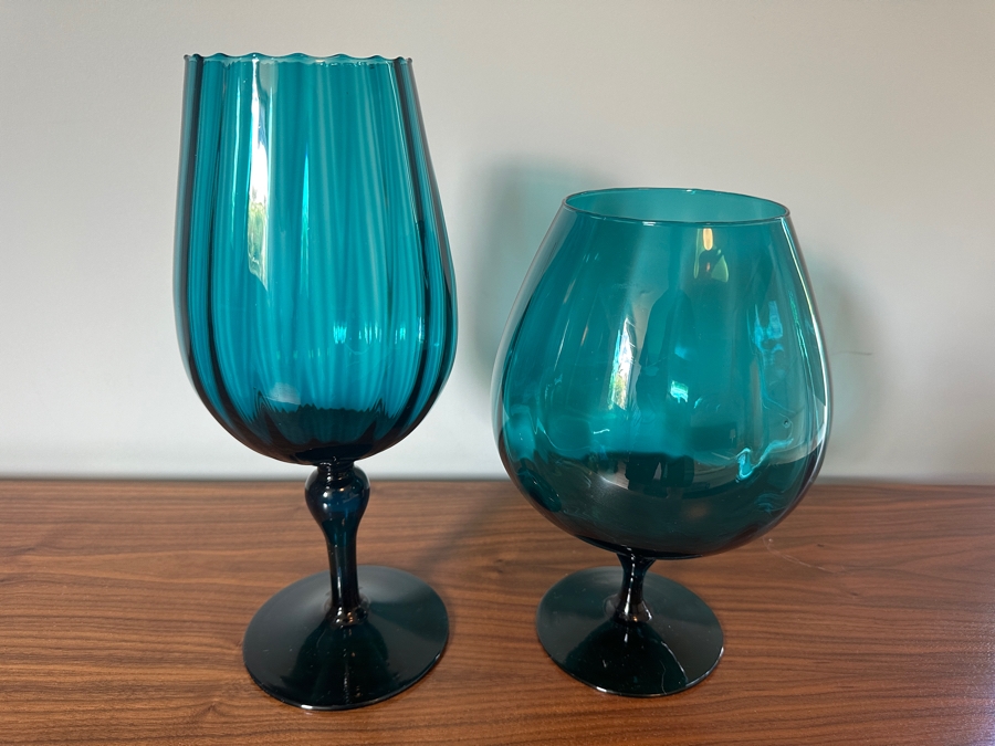 Vintage MCM Teal Blue Art Glass Empoli Italy Brandy Snifters 10.5H & 13H