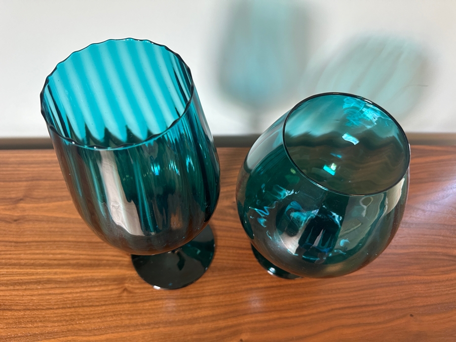 Vintage MCM Teal Blue Art Glass Empoli Italy Brandy Snifters 10.5H & 13H [Photo 3]