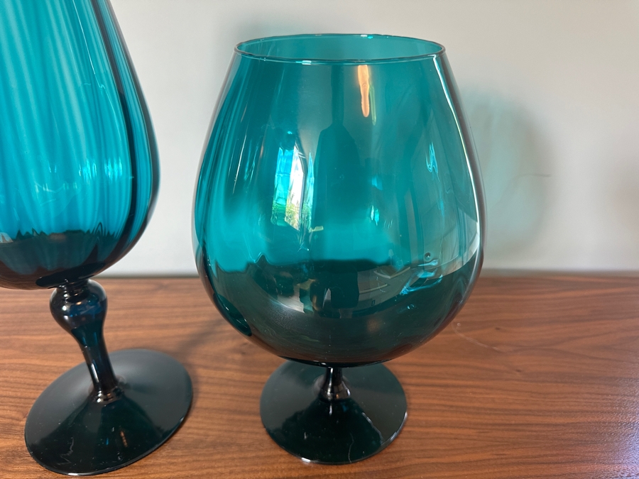 Vintage MCM Teal Blue Art Glass Empoli Italy Brandy Snifters 10.5H & 13H [Photo 4]
