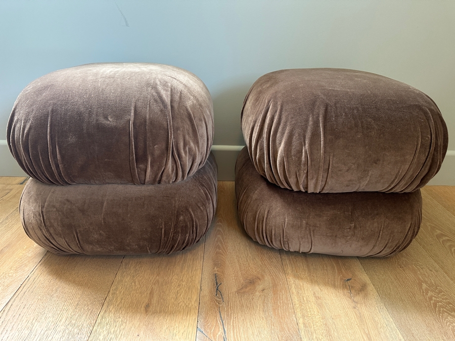 Pair of Crate & Barrel CB2 Ruched Dark Beige Velvet Poufs 19'W x 19'D x 17'H Retails $400