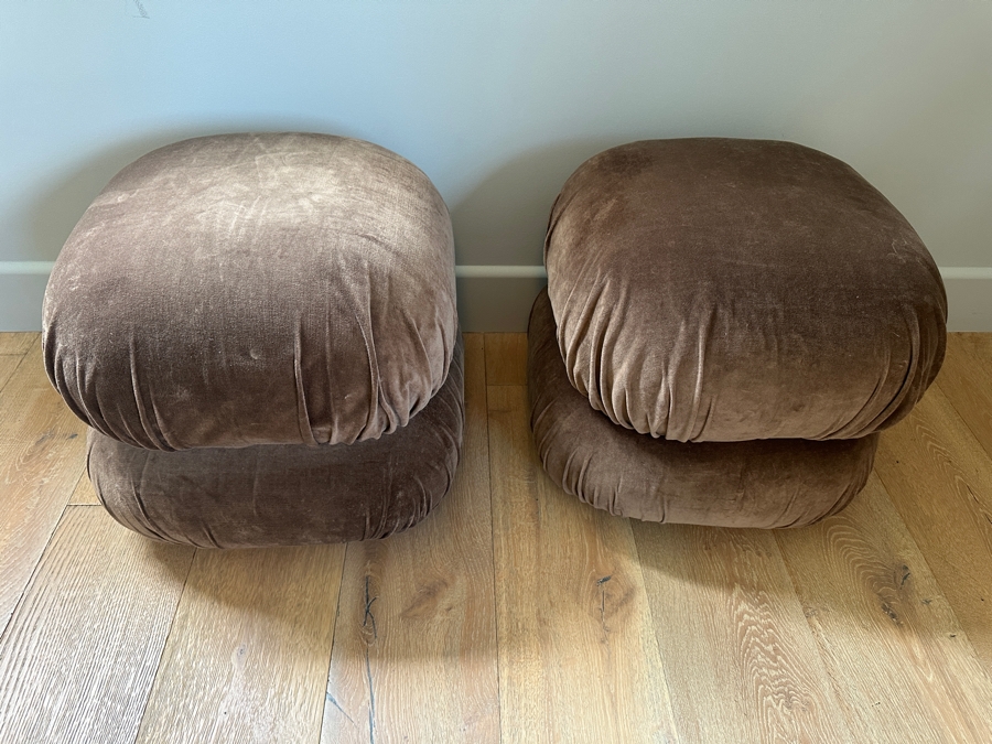Pair of Crate & Barrel CB2 Ruched Dark Beige Velvet Poufs 19'W x 19'D x 17'H Retails $400 [Photo 3]