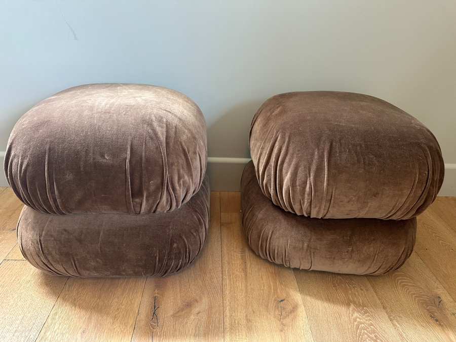 Pair of Crate & Barrel CB2 Ruched Dark Beige Velvet Poufs 19'W x 19'D x 17'H Retails $400 [Photo 2]