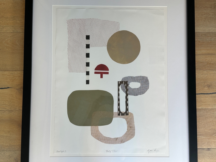 Lydia Riegle Original Oil Monotype Collage On Archival Paper Titled “Party Time” 22.5 X 29.5 Framed 34.5X 42 Retails $1,640