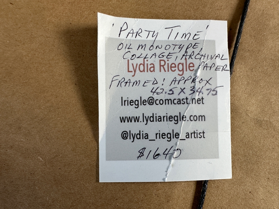 Lydia Riegle Original Oil Monotype Collage On Archival Paper Titled “Party Time” 22.5 X 29.5 Framed 34.5X 42 Retails $1,640 [Photo 12]