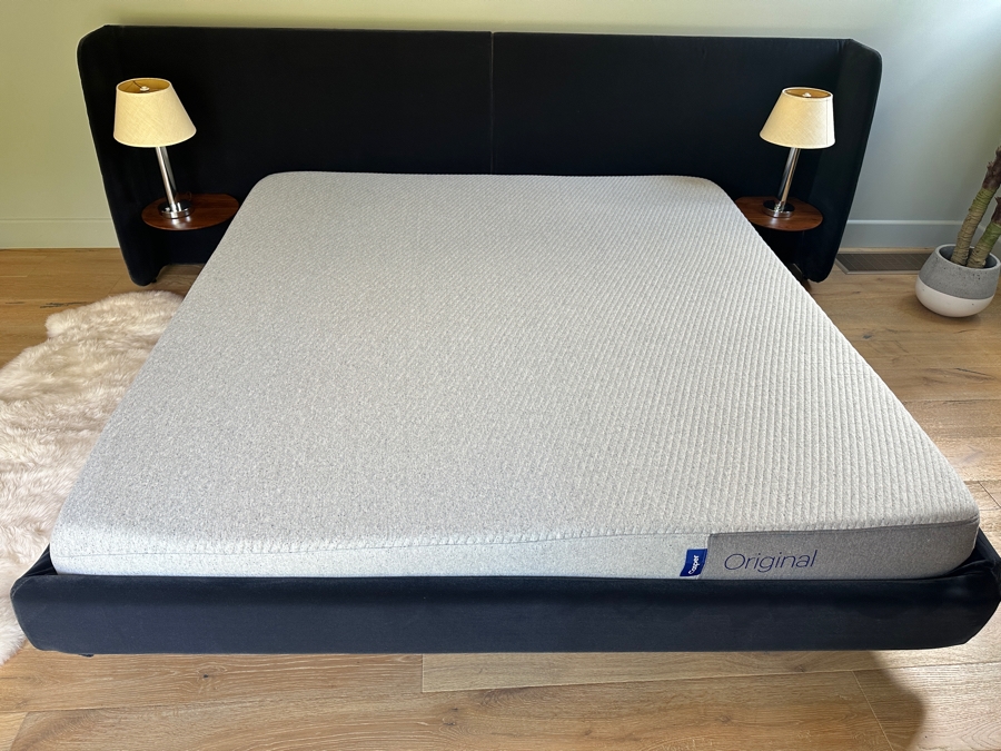 Blue King Size Bed Frame With Large Headboard And Built In Nightstands 117.5W X 88L X 39H And Casper King Size Mattress