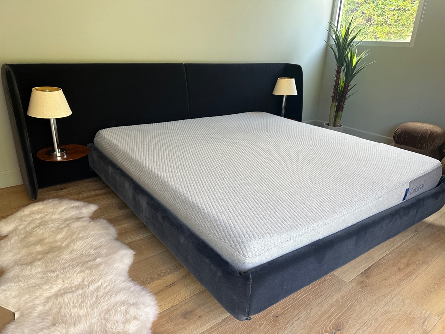 Blue King Size Bed Frame With Large Headboard And Built In Nightstands 117.5W X 88L X 39H And Casper King Size Mattress [Photo 3]
