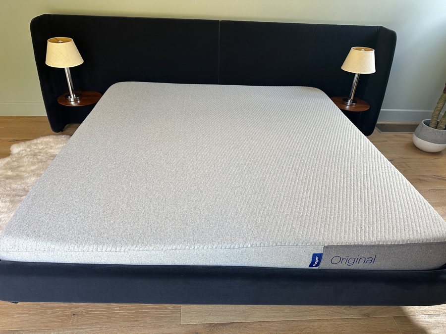 Blue King Size Bed Frame With Large Headboard And Built In Nightstands 117.5W X 88L X 39H And Casper King Size Mattress [Photo 2]