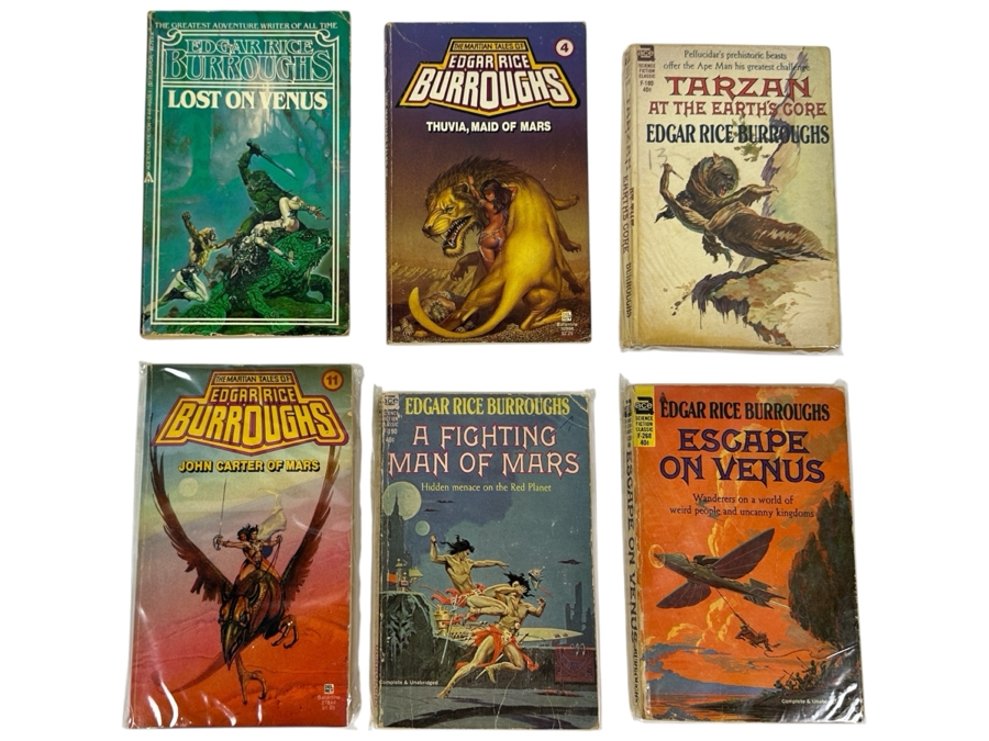 (6) Edgar Rice Burroughs Paperback Books Science Fiction Mars Series, Tarzan & More