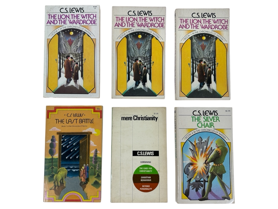 (6) C. S. Lewis Paperback Books: (3) The Lion, The Witch And The Wardrobe, The Last Battle, Mere Christianity & The Silver Chair