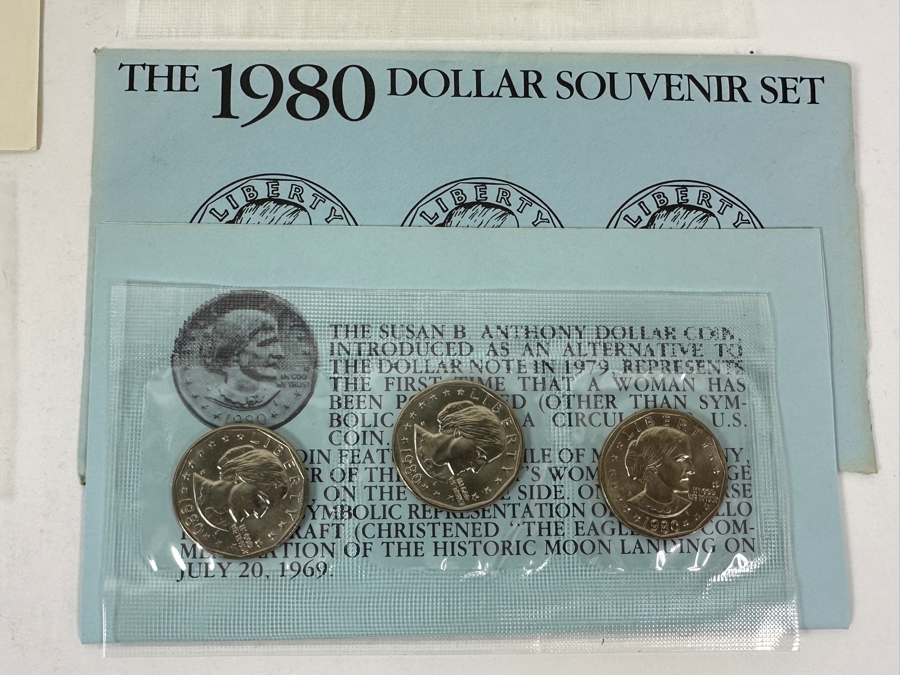 1979 United States Mint Proof Coin Set, First Year All Mint Set Of Susan B. Anthony Dollar Coins P. D. S., The 1979 Dollar Souvenir Set With 3 Susan B. Anthony Dollar Coins And (1) 1980 Dollar Souvenir Set With 3 Susan B. Anthony Dollar Coins [Photo 9]