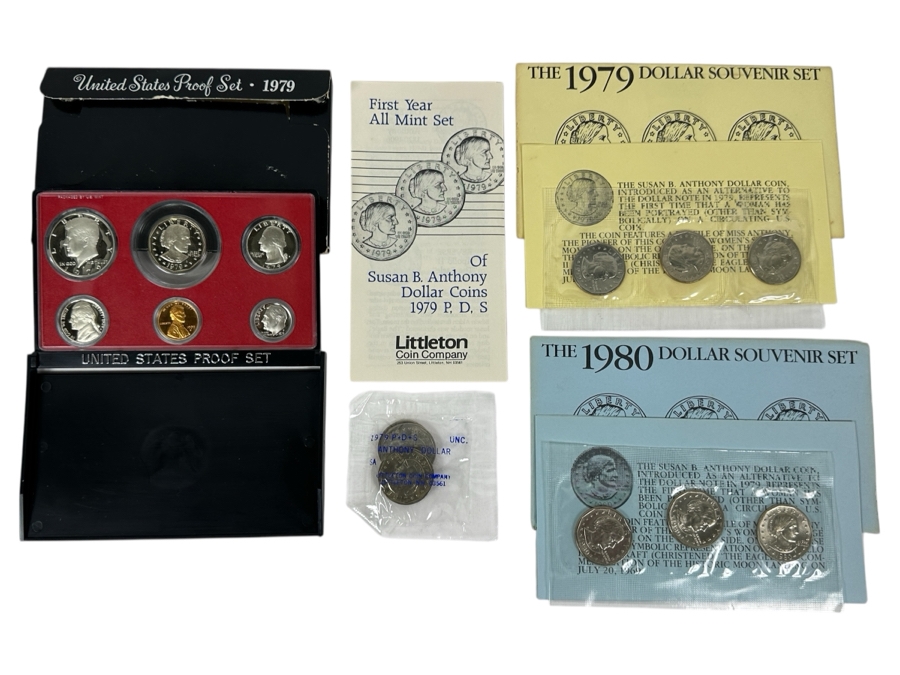 1979 United States Mint Proof Coin Set, First Year All Mint Set Of Susan B. Anthony Dollar Coins P. D. S., The 1979 Dollar Souvenir Set With 3 Susan B. Anthony Dollar Coins And (1) 1980 Dollar Souvenir Set With 3 Susan B. Anthony Dollar Coins