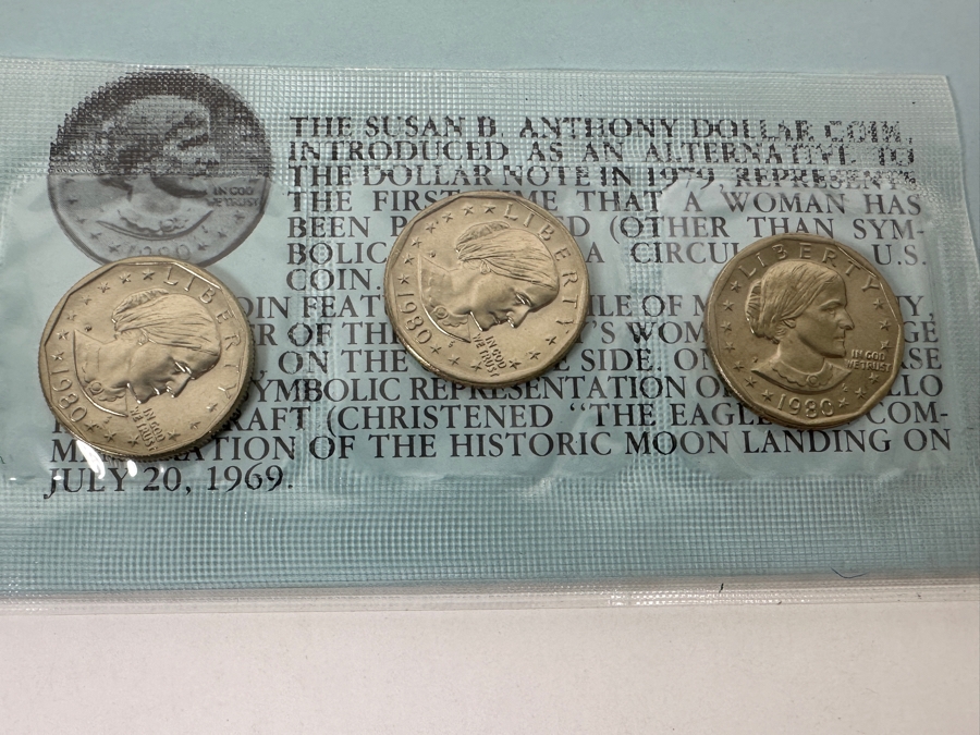 1979 United States Mint Proof Coin Set, First Year All Mint Set Of Susan B. Anthony Dollar Coins P. D. S., The 1979 Dollar Souvenir Set With 3 Susan B. Anthony Dollar Coins And (1) 1980 Dollar Souvenir Set With 3 Susan B. Anthony Dollar Coins [Photo 10]